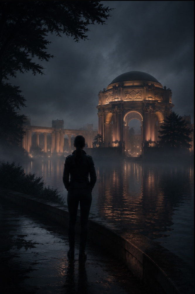 Gabriella Suarez before the glowing Palace of Fine Arts at night