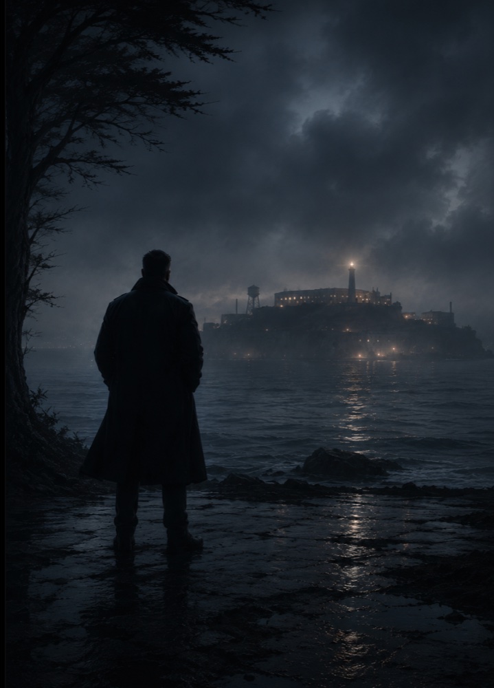 Sam Jones in a long coat facing Alcatraz across dark water