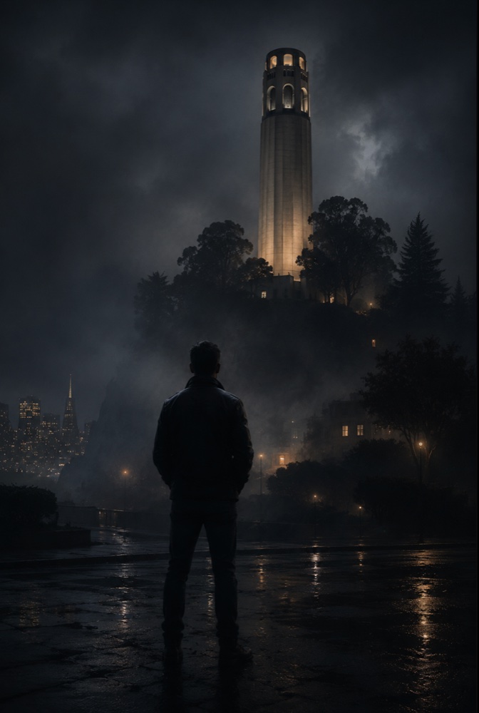 Tyson Ford stands in the rain before a fog-shrouded Coit Tower
