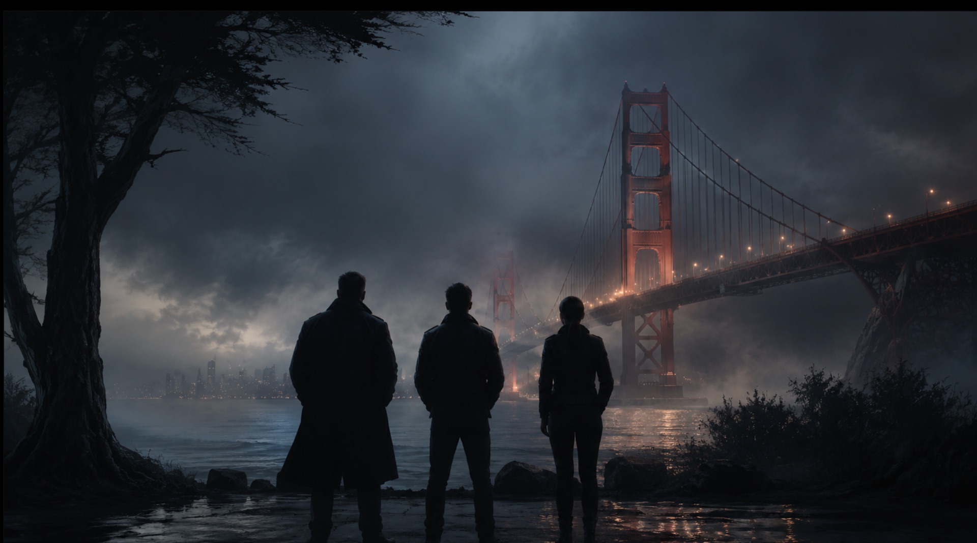 Three silhouetted investigators face the Golden Gate Bridge under a storm-dark sky